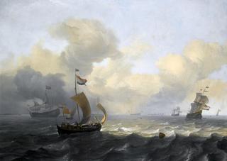 Dutch Vessels off a Coastline on a Breezy Day
