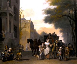 An Amsterdam Street Scene, with a Maid Flirting with a Knife Grinder on a Canal