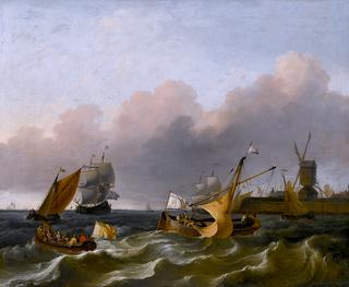Dutch Coastal Vessels and a Merchantman off a Harbor Mouth