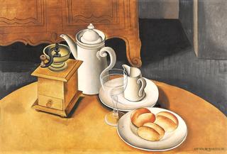 Still life with coffee grinder and rolls