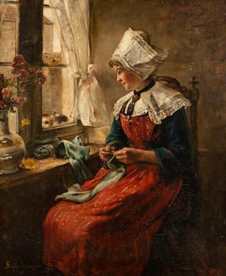 Young Girl Sewing near a Window