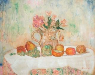 Still Life with Vase of Flowers, and Fruit