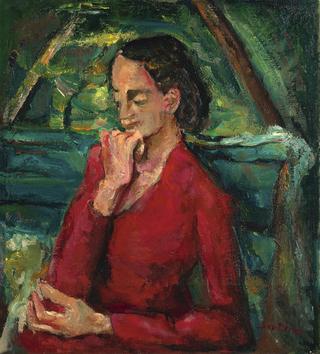 Woman in Red Seated on a Bench