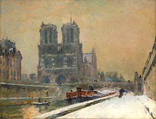 Notre-Dame de Paris and the Small Arm of the Seine. Snowy Weather. View from the Quai Saint-Michel