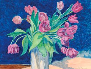 Pink Tulips in a Vase on Background of Seascape and Dunes