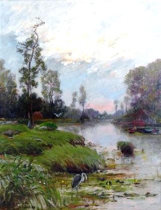 River Scene with Heron and Boats