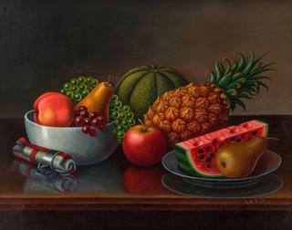 Still Life with Watermelon, Pears, Grapes and Napkin