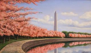 The Tidal Basin with the Monument and Cherry Blossoms