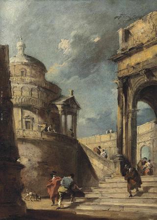 A Capriccio of a Palladian Rotunda and a Colonnade with Figures Conversing