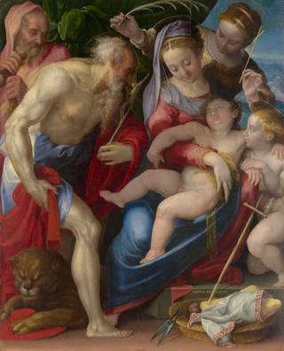 Holy Family with Saint Jerome, a female martyr and the infant Saint John the Baptist
