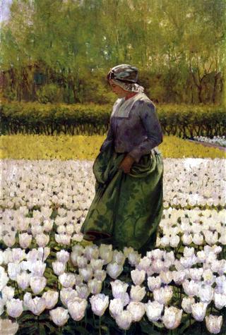 Dutch Girl in Field of Tulips