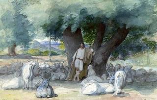 牧羊人躺在树脚下
