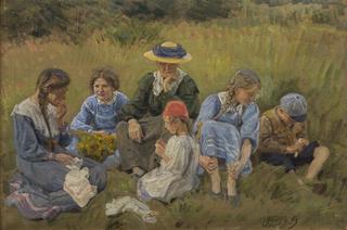 艺术家的妻子和孩子们在草地上休息