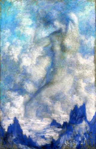 Femme dans la brume surplombant les montagnes