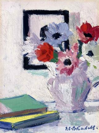 Still Life: Anemones in vase with green book