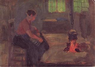 Infant and mother by stove fire