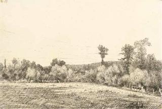 Une prairie à Villers, près d'Aumale, avec une maison entourée d'arbres au fond