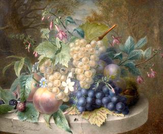 Grapes, Plums and Peaches on a Stone Table
