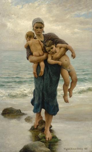 Fisherman woman coming to bath her children