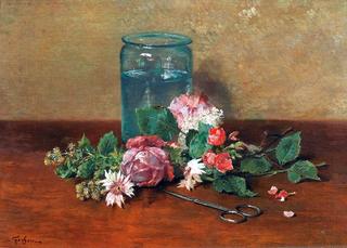 Still life with flowers, scissors and glass
