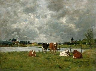 Cows in a Field under a Stormy Sky
