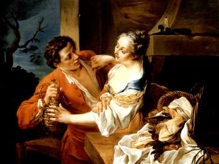An Amorous Couple in a Domestic Interior with a Landscape beyond