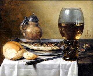 Still Life with Jug, Wine Glass, Herring and Bread