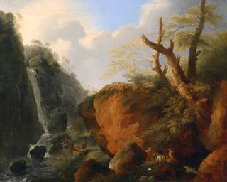 A Cascade in a Rocky Landscape with Figures