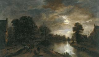 运河旁道路的月光景观