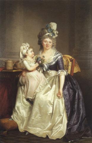 Portrait d'une femme tenant sa fille sur ses genoux