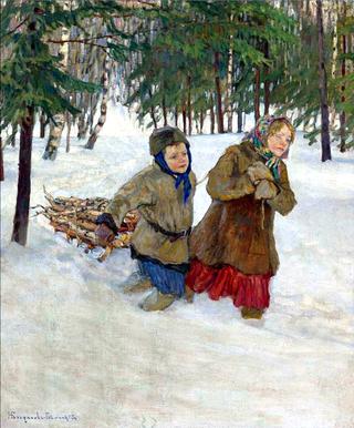 Children Carrying the Wood in Winter