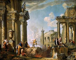 A capriccio of a saint preaching to classical figures among Roman ruins