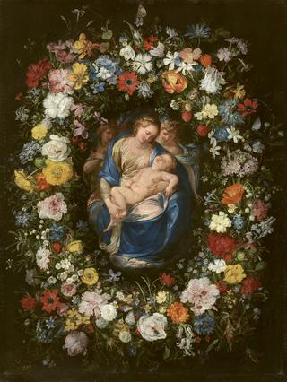 花环与圣母，基督的孩子和两个天使