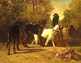 Gamekeeper Leading His Dogs into the Forest