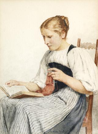 Girl Knitting while Reading