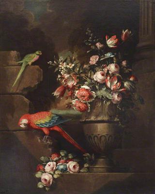 瓮中有花和两只鹦鹉的静物画