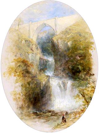 A Waterfall beneath a High Bridge