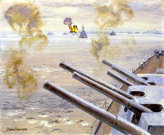 1944年7月18日，毛里求斯号和罗伯茨号轰击卡昂附近的目标