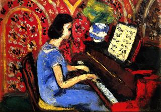 小钢琴家，蓝色裙子，红色背景