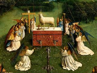 The Ghent Altarpiece: Adoration of the Mystic Lamb, detail of the Lamb with kneeling Angels
