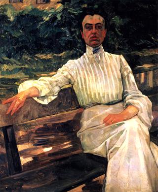 艾丽斯·特吕布纳，艺术家的妻子，在花园长凳上