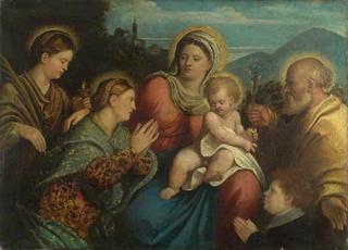 圣母玛利亚和圣子约瑟，露西，还有一个女人和一个男孩在祈祷