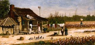 Cabin Scene with Birdhouse, Chickens and Cotton Picker Carrying Basket of Cotton