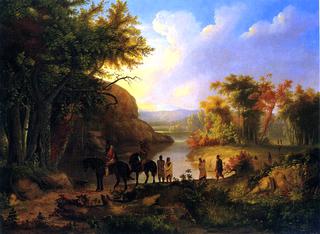 日落河景观中的印第安人