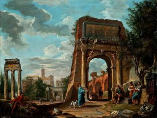 The Roman Forum with the Arch of Titus, with figures and the Capitoline Hill in the background