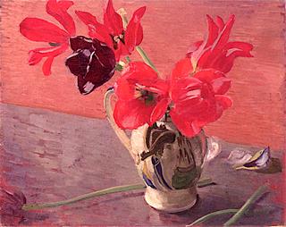 Red Tulips in a China Jug