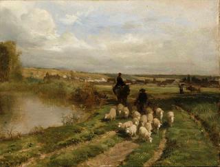 Sheep and Shepherd in a Landscape