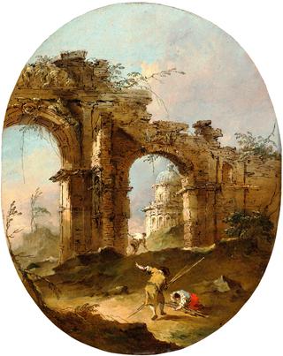 Architectural capriccio with figures by a ruined arch