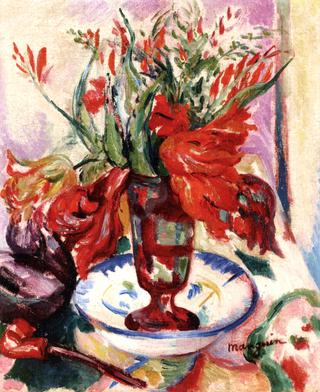 Tulips in a Red Glass