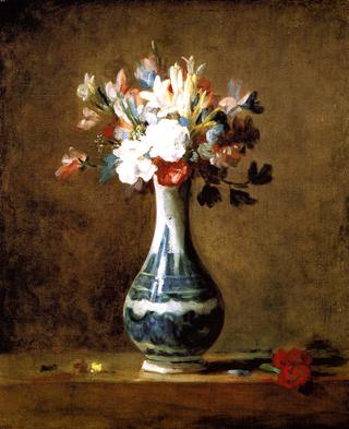Bouquet of Carnations, Tuberoses and Sweet Peas in a White Porcelain Vase with Blue Decoration